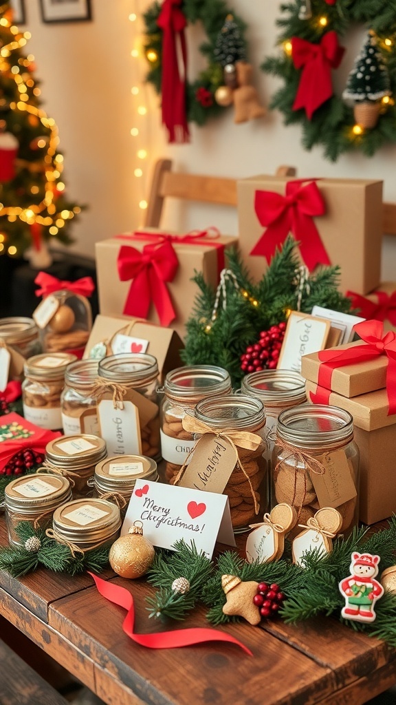 A collection of homemade Christmas gifts including cookies in jars and handmade crafts on a festive table.
